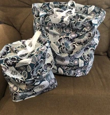 Fabric Gift Bag With Drawstring Top, Teal Flowers, Set of Two