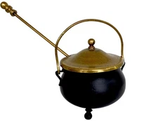 Vintage HEAVY Cast Iron Fire Starter/Smudge Pot With Brass Accents & Pumice Wand