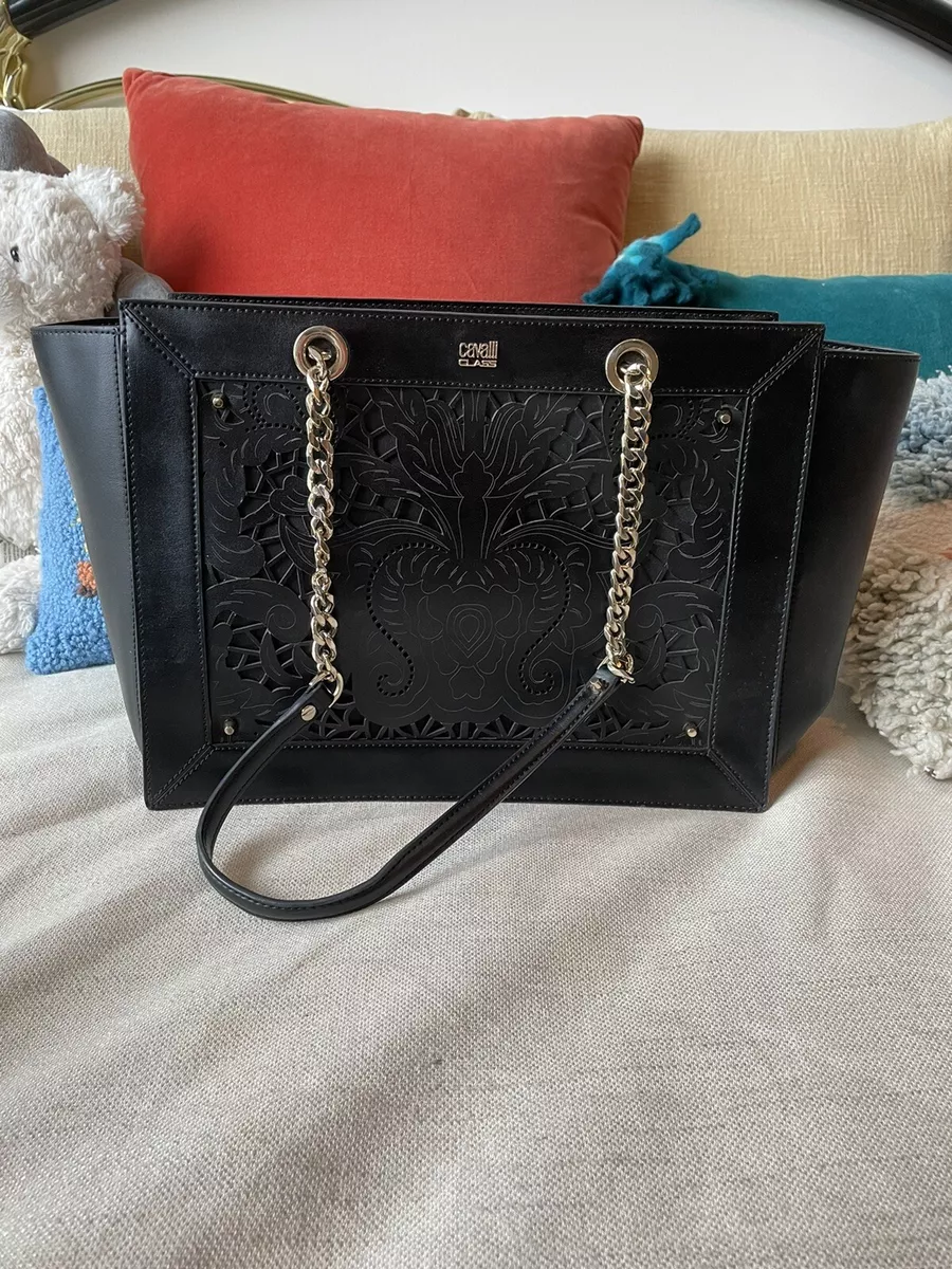Roberto Cavalli Class Tote Bag Carved Tooling On Leather Black And White