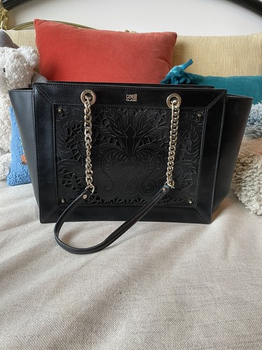 Roberto Cavalli Class Tote Bag Carved Tooling On Leather, Black And White