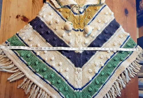 Vintage Wool Poncho Jumper Sweater Coat 70's Retro Hippie Boho w/ Fringe PomPoms - Picture 21 of 23