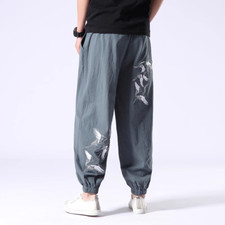Men Retro Hanfu Harem Pants Embroidery Chinese Tang Suit Tapered Trousers Casual