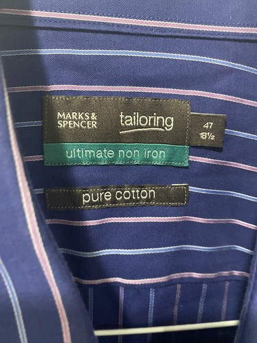 Marks & spencer Mens Shirt Button Up Navy Striped Cotton Non Irons 47 -18.5 - Picture 4 of 7