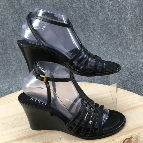 Franco Sarto Damensandalen 9,5 M offene Zehenpartie Riemen Keilabsatz schwarz Lederschnalle