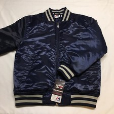New Majestic Blank Navy Blue Insulated Satin Varsity Jacket Womens Medium Vtg