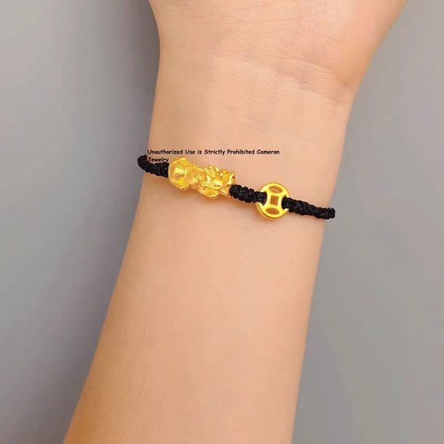999 24K Yellow Gold Men Women 3D Dragon Pixiu Coin Beads Bracelet 0.3-0.5g - Picture 4 of 4