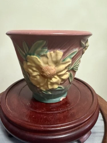 VINTAGE 1930S ROSEVILLE ART POTTERY WHITE ROSE FLOWER POT PLANTER VASE #662-5