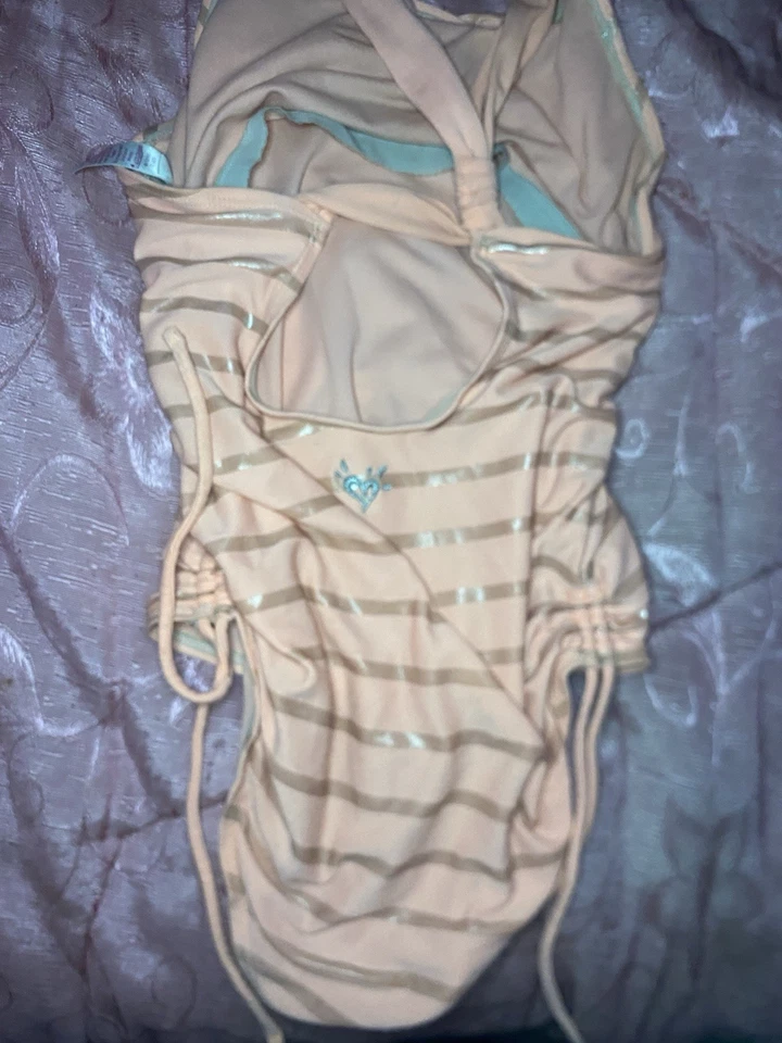Traje de baño de una pieza Justice Girls lentejuelas sirena metálico rayas melocotón talla 10 Foto 2 de 3