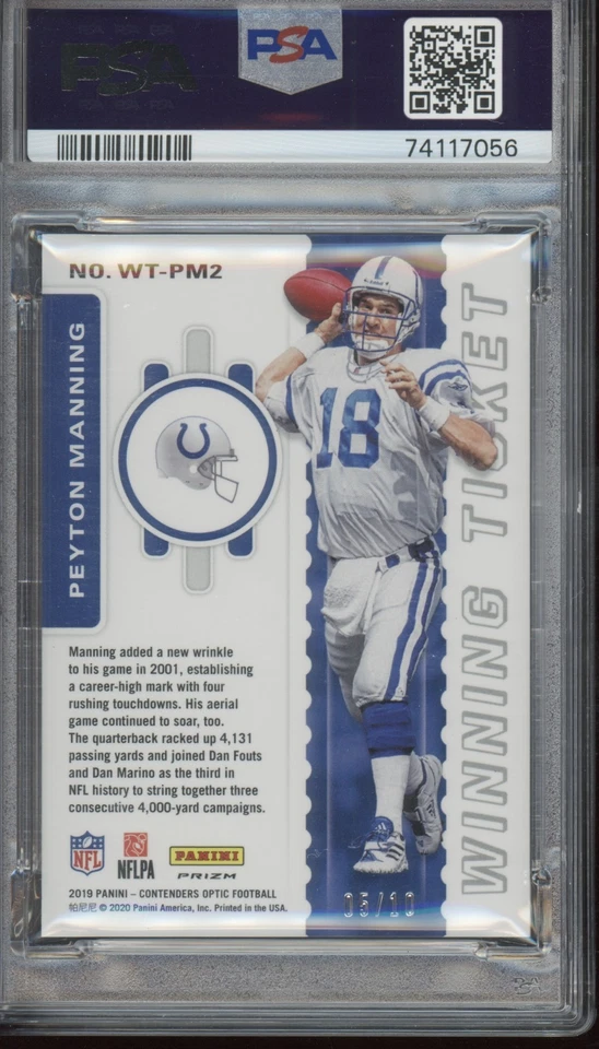 2019 Panini Optic Contenders WINNING TICKET GOLD PEYTON MANNING 5/10 PSA 10 - Image 2 of 2
