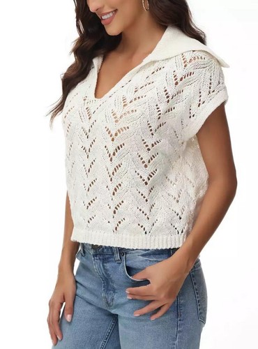 Frye Women Saylor Collar White Crochet Open Knit Boho V Neck Top Cottagecore L - Picture 19 of 23