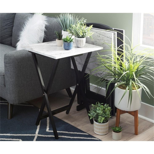 Riverbay Furniture 5-Piece Marble Folding Tray Table Set w/ Stand in White/Black - Picture 3 of 20