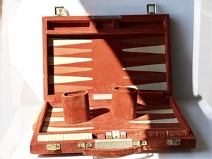 Vint Rust Orange Faux Suede Backgammon Briefcase-Marbled Orange/Cream Bakelite
