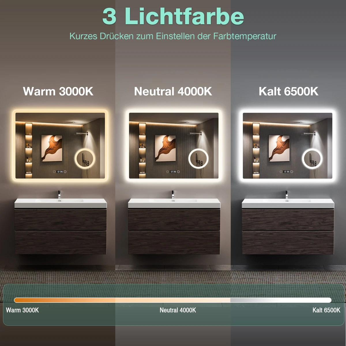 Badspiegel mit LED Beleuchtung 3 Lichtfarben Dimmbar Uhr Touch Bad 80X60CM Neu