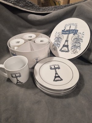 Kiss The Frog La Tour Eiffel 4 Coffee Mugs In Original Box + 4 Dessert Plates