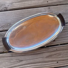 Vintage Lenox Metalware Silver-Tone Oval Serving Tray 16.6"x8.4" Wood Handles