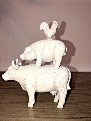 Farm Animals Stacked Cow Pig Rooster  Sculpture Figurine Resin Farmhouse 6 x 5''