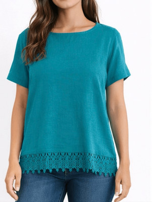 Terzo Millenio NWT turquoise linen crochet lace trim blouse small