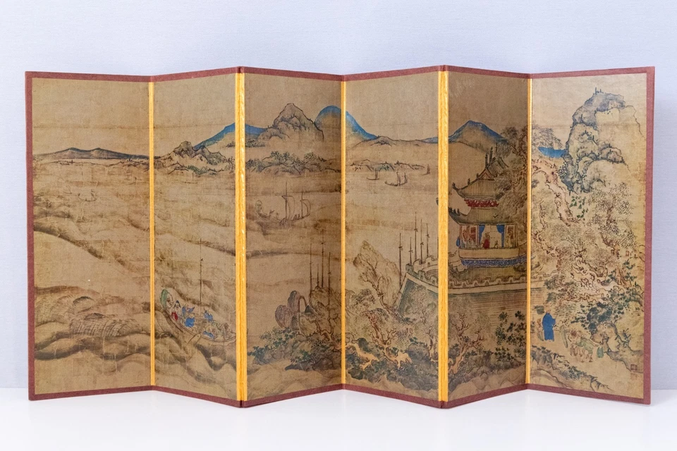 Пара японских складных экранов Byobu Rokakusansui-zu 2 экрана 6 панелей каждый - Изображение 2 из 4