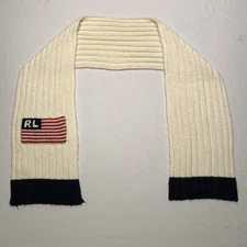 Vintage Polo by Ralph Lauren Cream & Blue USA Flag Knit Scarf Wool Blend Spot