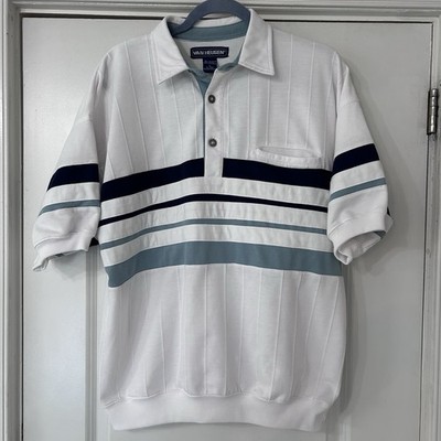 Van Heusen Banded Polo Shirt Mens Large White Striped Bottom Retro Vintage 90s