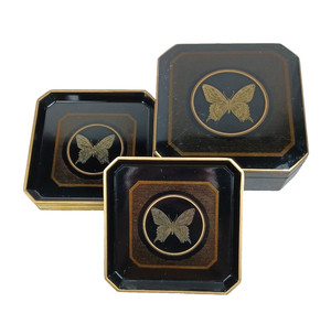 Square Black Lacquer Gold Butterfly 6 Coasters with Holder Box Otagiri Japan MCM