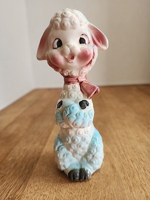 Vintage Anthropomorphic Kitsch Ceramic Lamb Figurine Japan 5.5''×2'' 