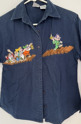 Vtg Disney Store Snow White 7 Dwarfs Embroidered Long Sleeve Button Up Shirt Sm.