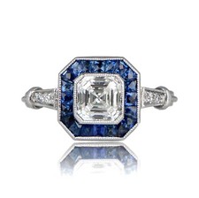 Art Deco 1.3Ct Asscher Cut CZ Blue Sapphire Engagement Ring in 925 Silver