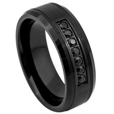 Tungsten Ring Band Black IP Plated Beveled Ed...