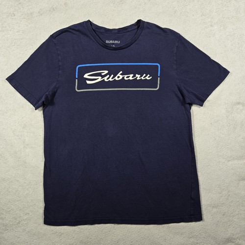 SUBARU Short Sleeve Tee T-Shirt Blue Men's Size Large Spellout Logo Graphic