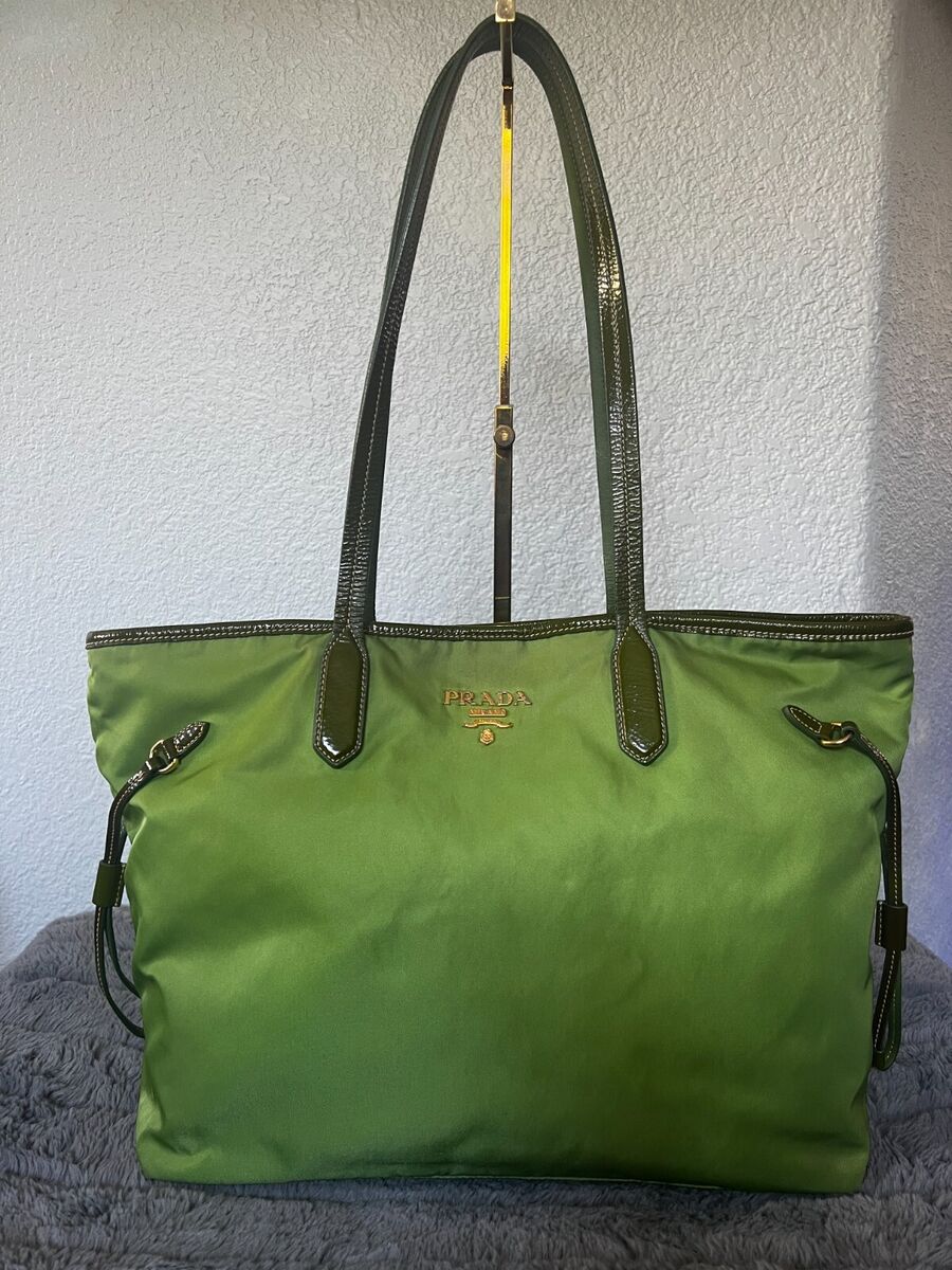 PRADA Green Nylon Tessuto Logo Patent Leather Trim Tote Bag PRADA Green Nylon Tessuto Logo Patent Leather Trim Tote Bag