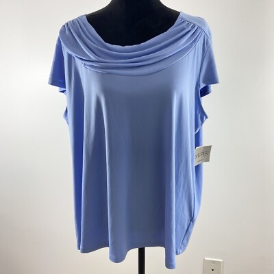 Kasper Top Women s 3X Blue Scoop Neck Wedgewood Short Sleeves New