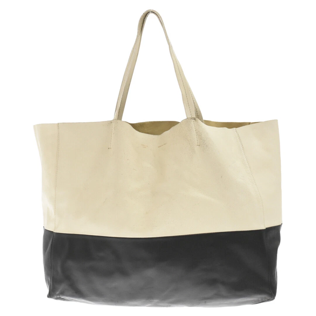 CELINE Horizontal Cabas Bicolor Leather Tote Bag Black White Rank B Authentic