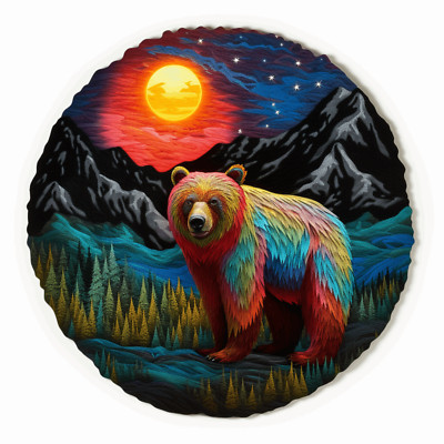 Grizzly Bear Patch Iron-on Applique Mountains Forest, Nature Scene, Moon & Stars
