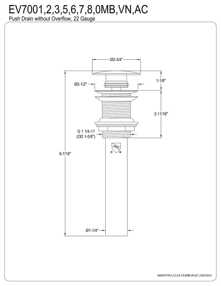 EV7007 Push Pop-Up Drain without Overflow, Brushed Brass 9.44 x 2.75 x 2.75