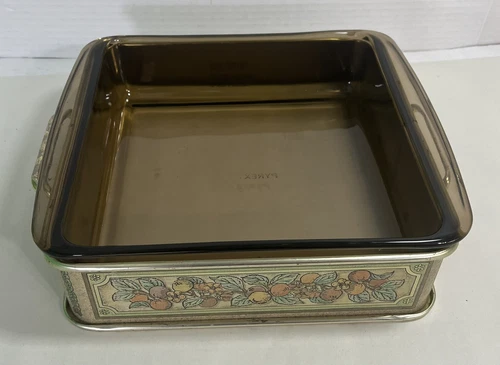 Pyrex 232 Baking Dish Amber Brown With Golden Harvest Metal Cradle 2 Pcs Vintage