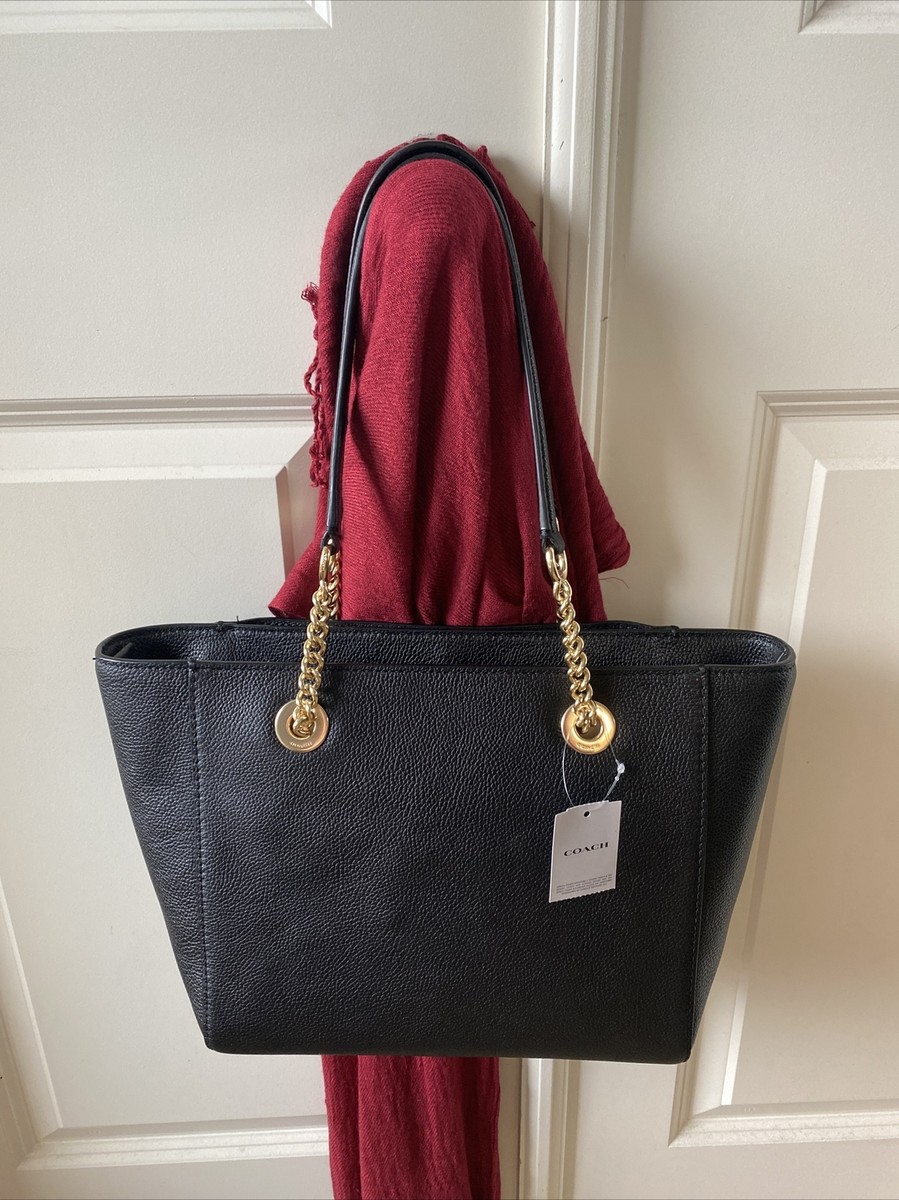 Authentic Coach F87775 Leather Ava Chain Tote Handbag Black for