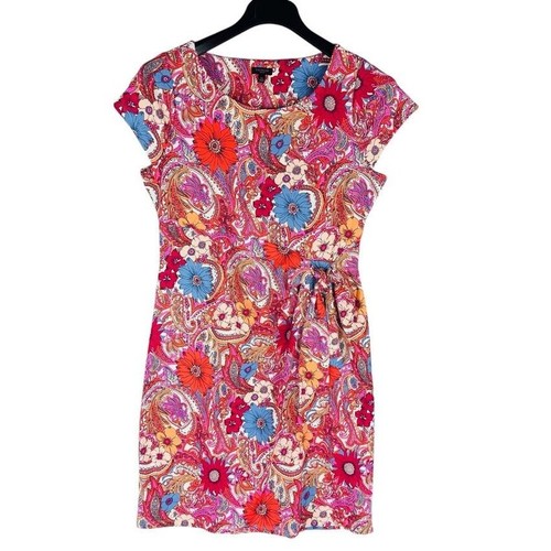 Talbots Womans Sz Large Petite Dress Knit Jersey Tie Detail Sheath Pink Floral
