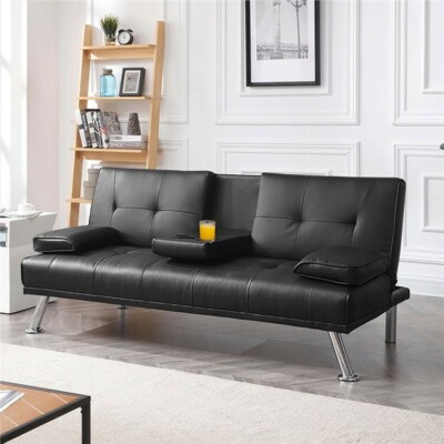 LuxuryGoods Modern Faux Leather - Reclining Futon - Cupholders - Pillows - Black