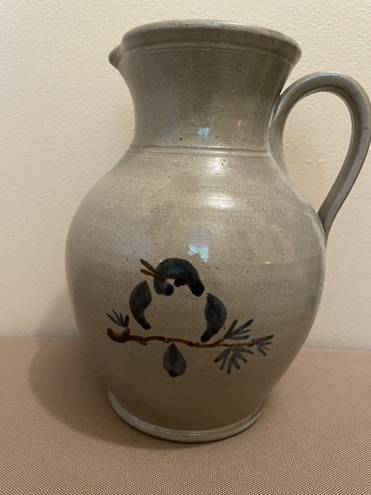 1984 Handmade Jugtown Ware Pottery, NC, Pitcher, Bird in Blue Slip Ware