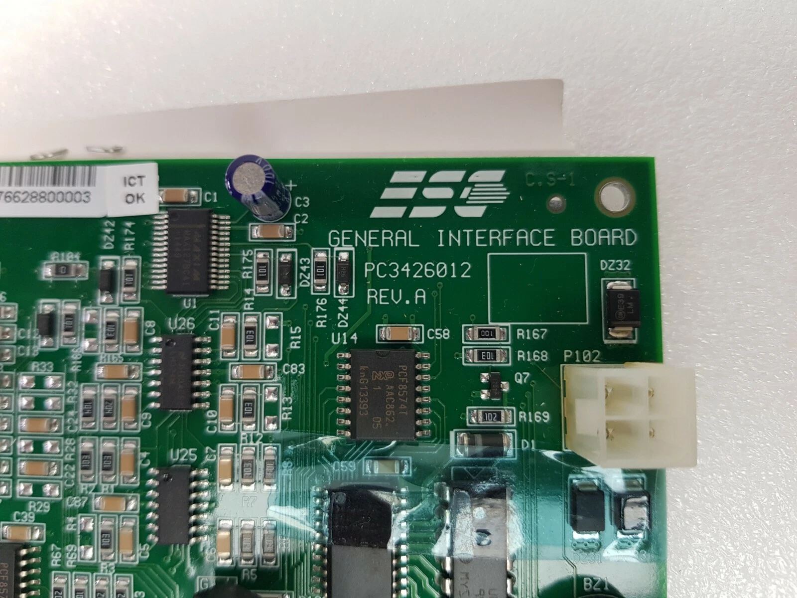 Silkscreen: ESC logo, General Interface Board, PC3426012 Rev. A, and P102 power header