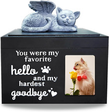 Cat Urn for Ashes Wooden - Pet Cremation Urn with Angel Statue Picture Frame,