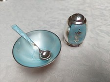3tlg.Set, 925 Sterling Silber+Guilloche Emaille hellblau, Volmer Bahner D&auml;nemark