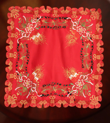 Red Christmas Embroidered Cutwork Tablecloth by Decorating Touch 33'' x 34''