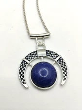 Faux Lapis Lazuli Crescent Moon Necklace 30" Adjustable Silver Tone Boho Mystic