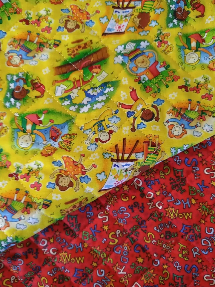 Back To School Pre-quilted Double fabric 20x43" Yellow Red Playground Words - Image 2 of 4