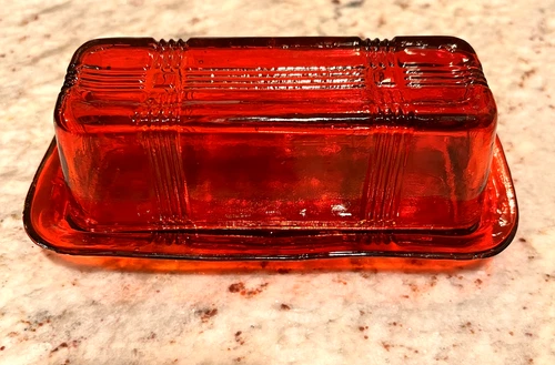 Vintage Ruby Red Depression Glass Butter Dish Criss Cross Pattern