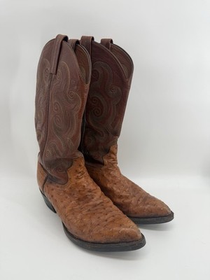 Tony Lama San Saba Men s Ostrich Leather Cowboy Boots Brown 8.5 EE USA Vintage