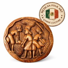 African Folk Art Sculptured Wooden Round Wall Plaque 10" Hand Carved Vintage