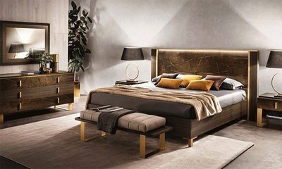 Stilvolles Schlafzimmer Komplett-Set Hochglanz Braun Gold Marmoreffekt Italien
